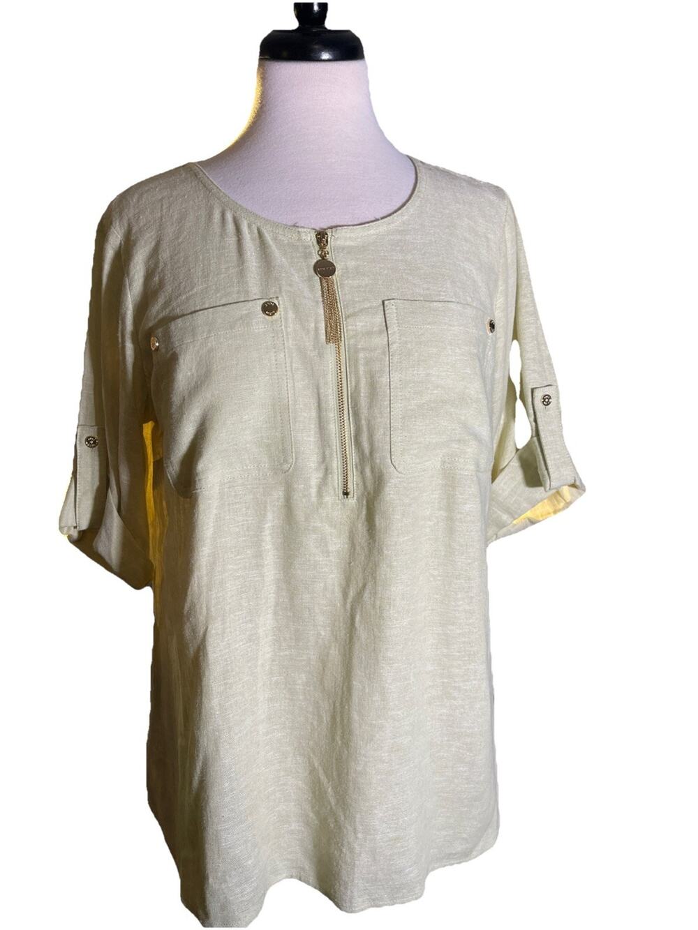 Anne Klein Women's Tunic Blouse Green Linen w/ Gold Button Zipper Accent Small